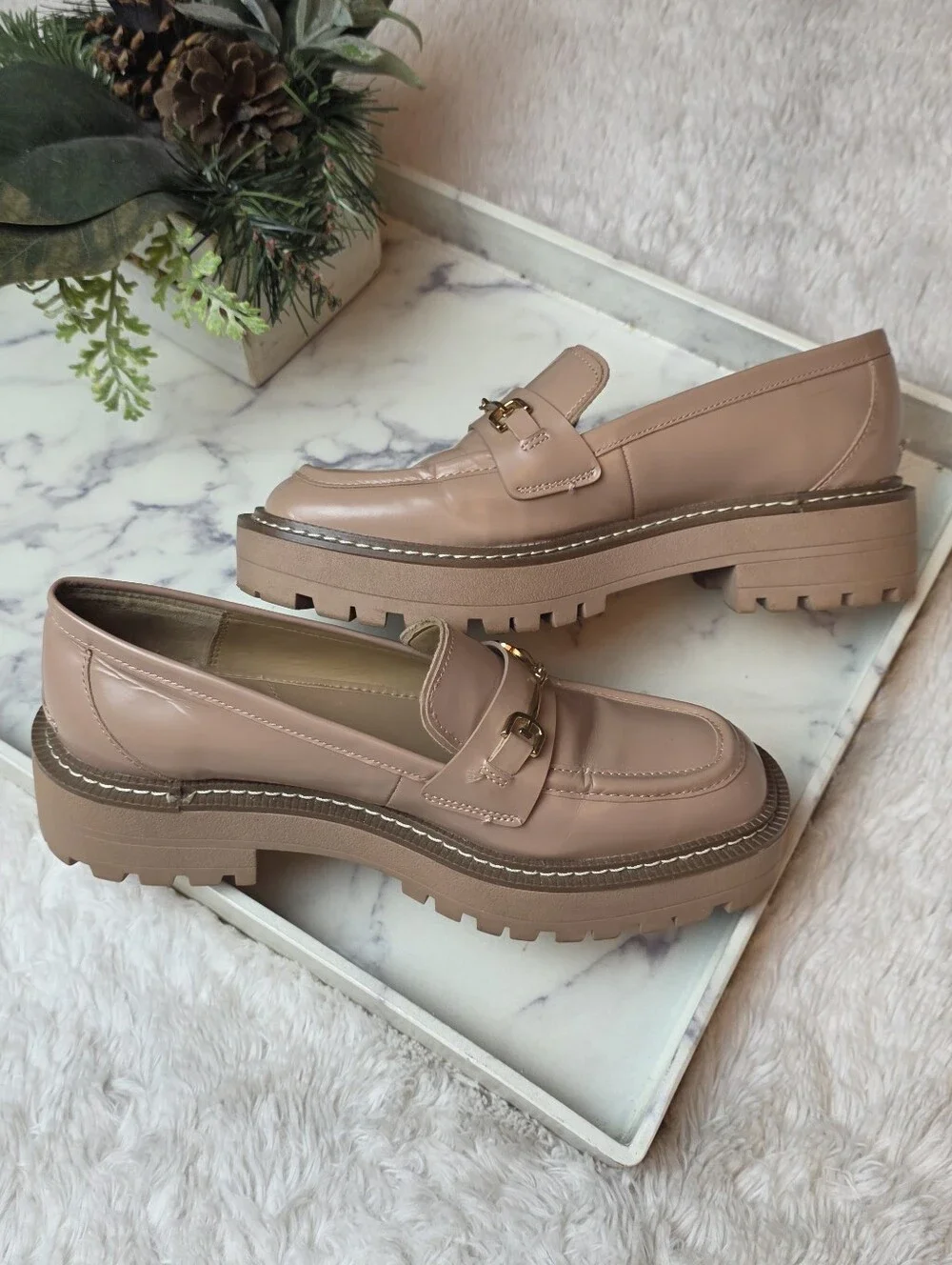 SAM EDELMAN Laurs Lug Sole Loafer In Tan Horsebit Chunky Preppy Academia Size 8